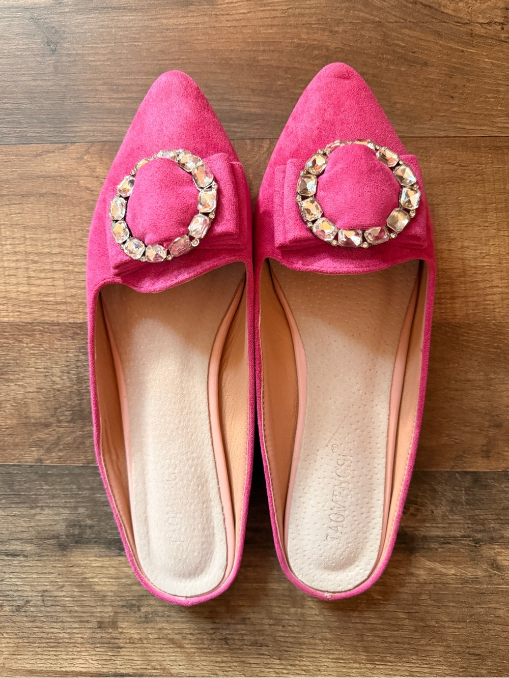 Pink Women's Pointed Toe Crystal Buckle Flats